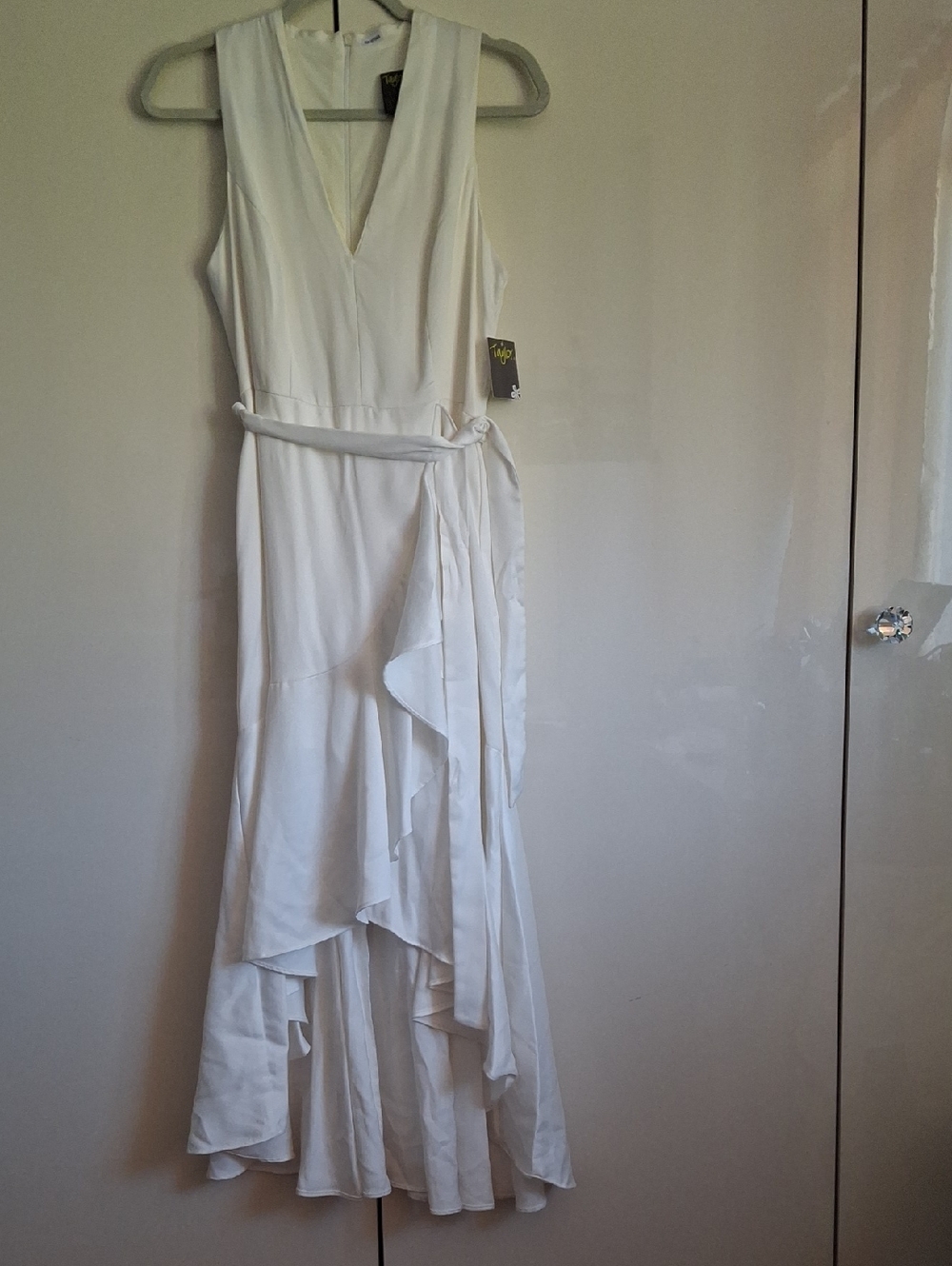 Taylor Elegant White V-Neck Ruffle Wrap Dress